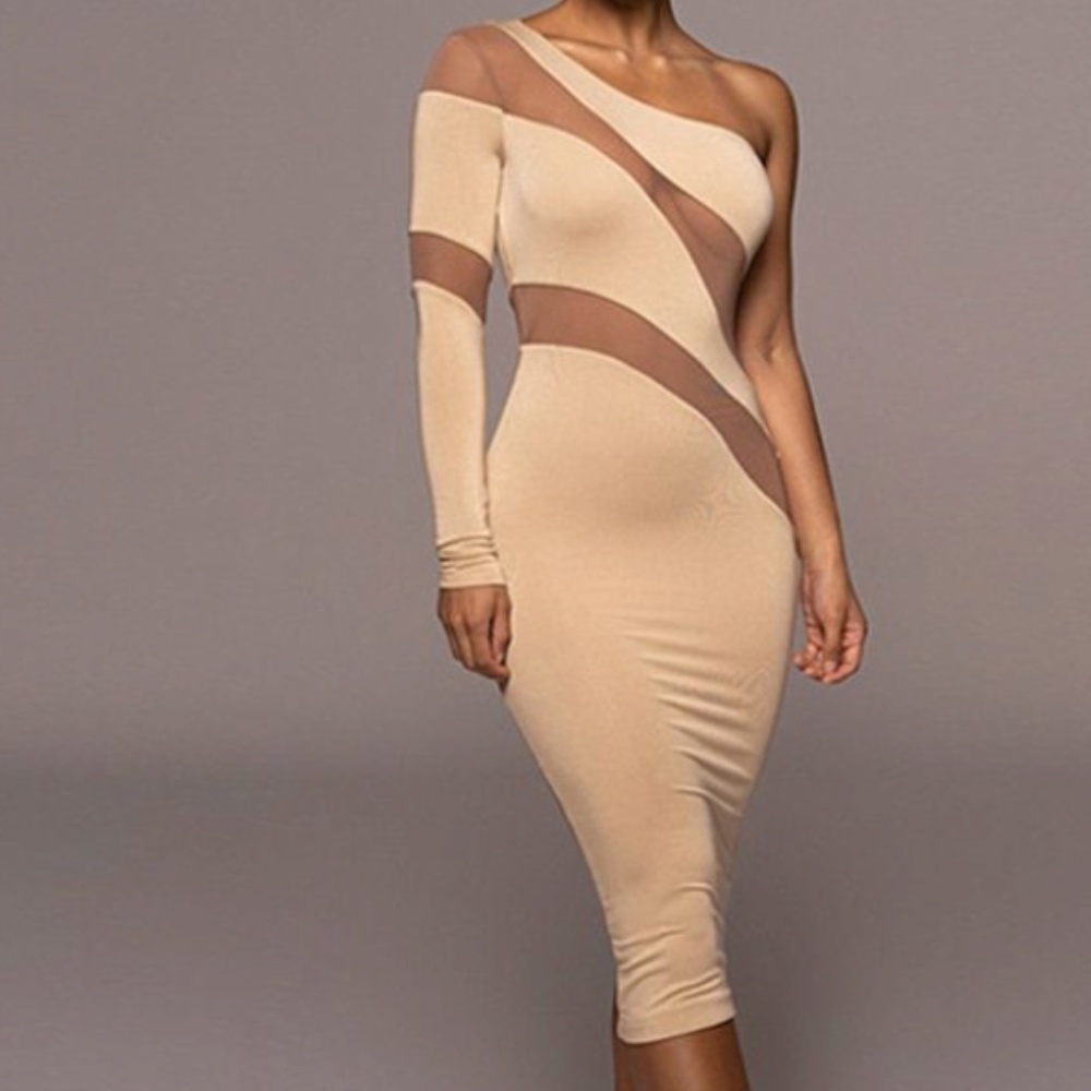 JLuxLabel One Shoulder Midi Dress with Mesh Apricot - XL